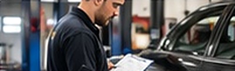 Mechanic completing a roadworthy inspection checklist beside a car in Oakleigh South